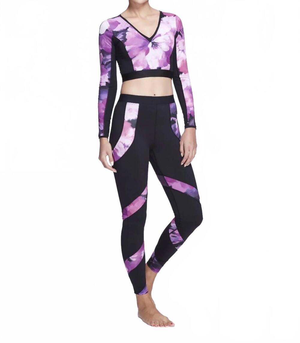 NEW MARCHESA ATHLEISURE louisa long sleeve v-neck top in raspberry multi